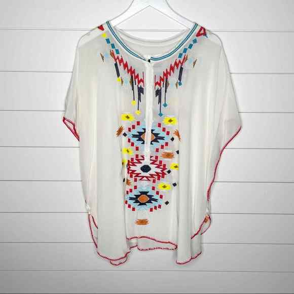 Johnny Was Tops - BIYA Johnny Was Santa Fe Southwestern Embroidered Silk Poncho White Size XL